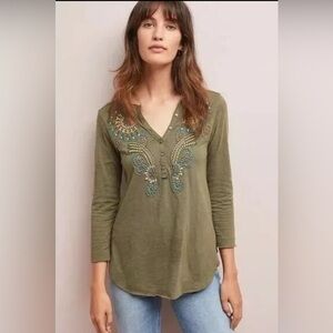 Akemi + Kin anthropologie olive green embroidered Henley size XS